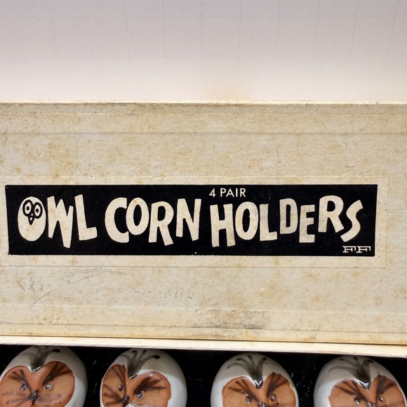 Vintage '72 Fitz & Floyd Owl Corn Holders 4 Pair Japan Pottery whimsical‎ w/ box - Picture 3 of 16